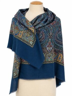 Navy Blue Paisley Square Scarf Shawl, Oversized Persian Print Wrap, Boho Ornate